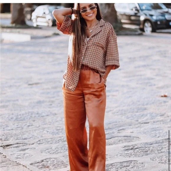 ZARA satin copper brown pajama pants - Picture 6 of 12